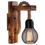 Wooden L-shaped Wall Support Lantern Farmhouse 1 Lamp Bedroom Wall Lamp with Rope Arm