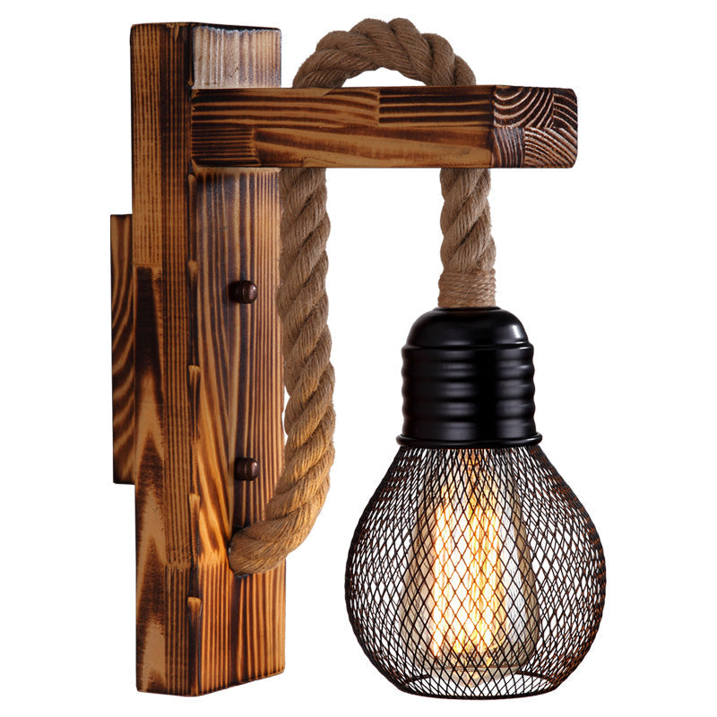 Wooden L-shaped Wall Support Lantern Farmhouse 1 Lamp Bedroom Wall Lamp with Rope Arm