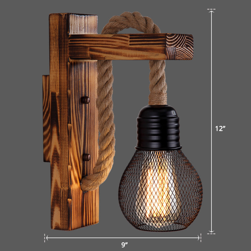 Wooden L-shaped Wall Support Lantern Farmhouse 1 Lamp Bedroom Wall Lamp with Rope Arm