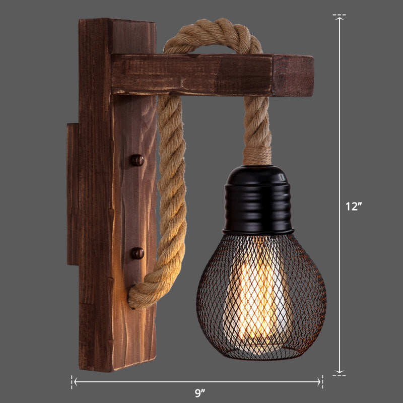 Wooden L-shaped Wall Support Lantern Farmhouse 1 Lamp Bedroom Wall Lamp with Rope Arm