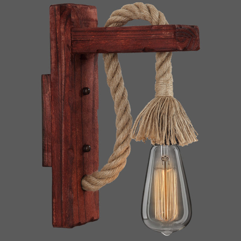 Wooden L-shaped Wall Support Lantern Farmhouse 1 Lamp Bedroom Wall Lamp with Rope Arm