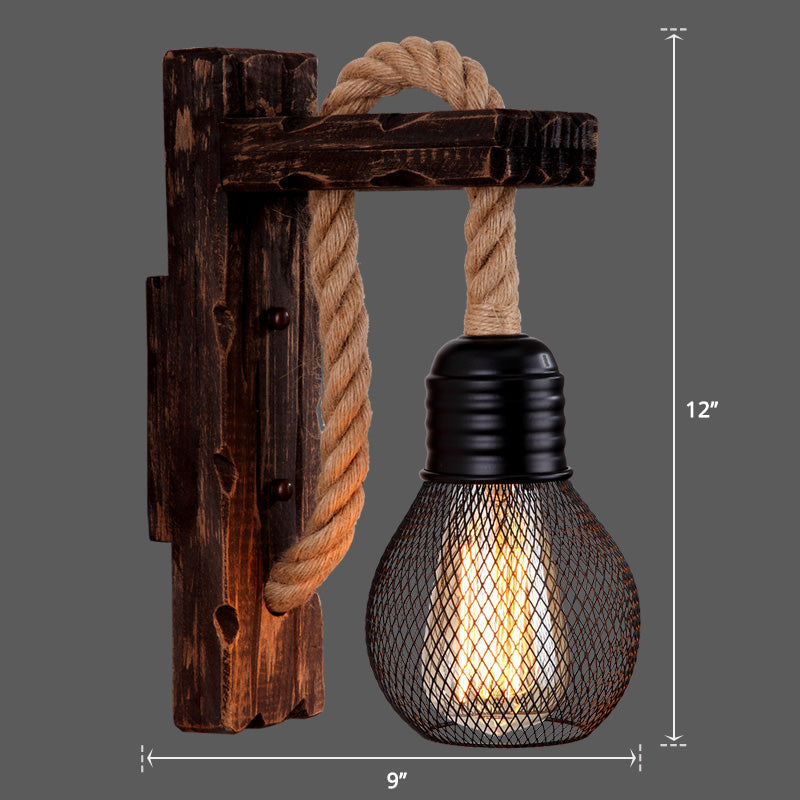 Wooden L-shaped Wall Support Lantern Farmhouse 1 Lamp Bedroom Wall Lamp with Rope Arm