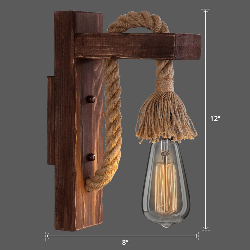 Wooden L-shaped Wall Support Lantern Farmhouse 1 Lamp Bedroom Wall Lamp with Rope Arm