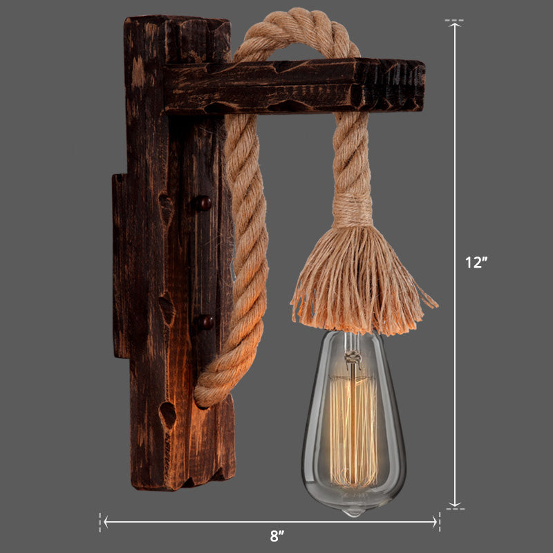 Wooden L-shaped Wall Support Lantern Farmhouse 1 Lamp Bedroom Wall Lamp with Rope Arm