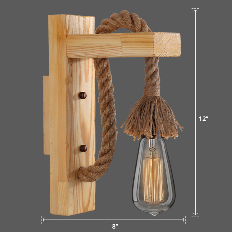 Wooden L-shaped Wall Support Lantern Farmhouse 1 Lamp Bedroom Wall Lamp with Rope Arm