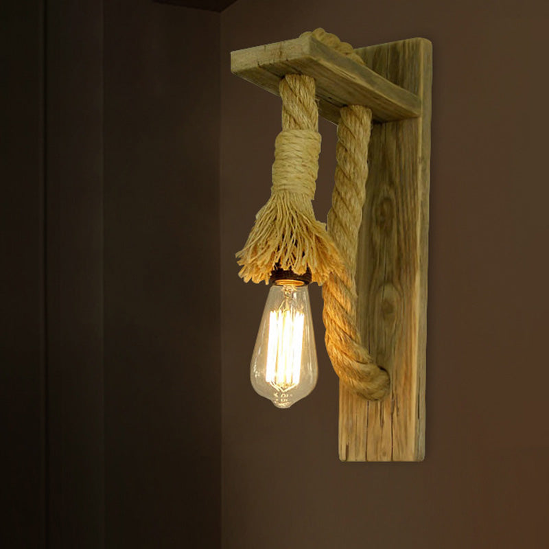 Single Bulb Wall Light Rustic Open Bulb Rope Wall Light with Wood Holder