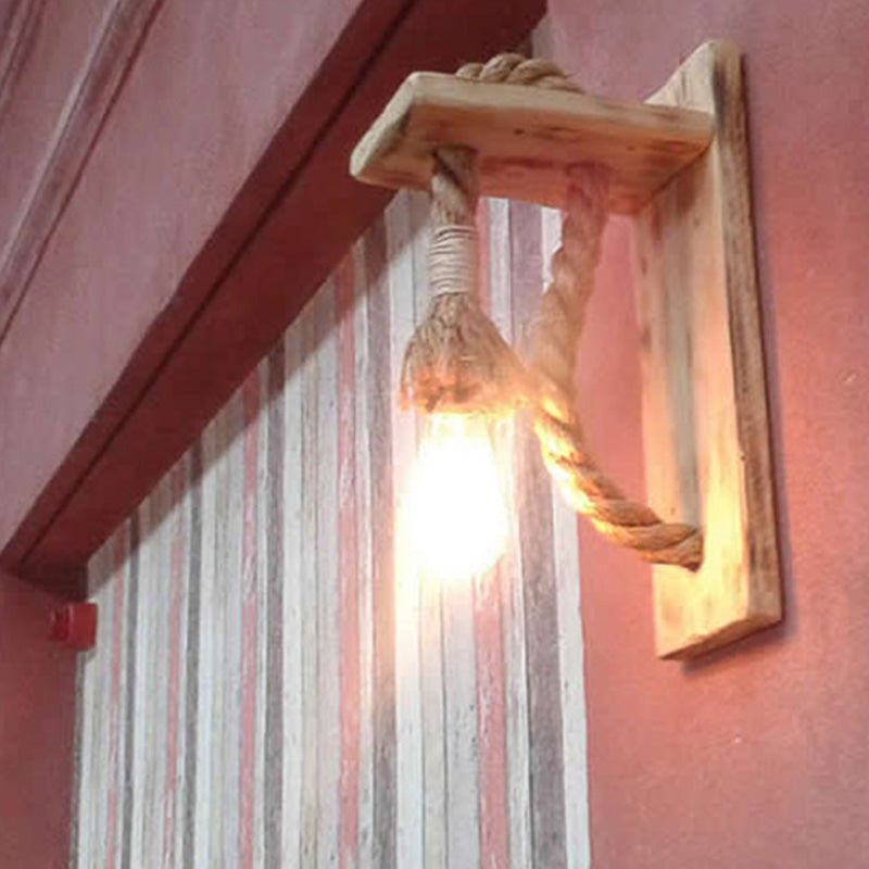 Single Bulb Wall Light Rustic Open Bulb Rope Wall Light with Wood Holder