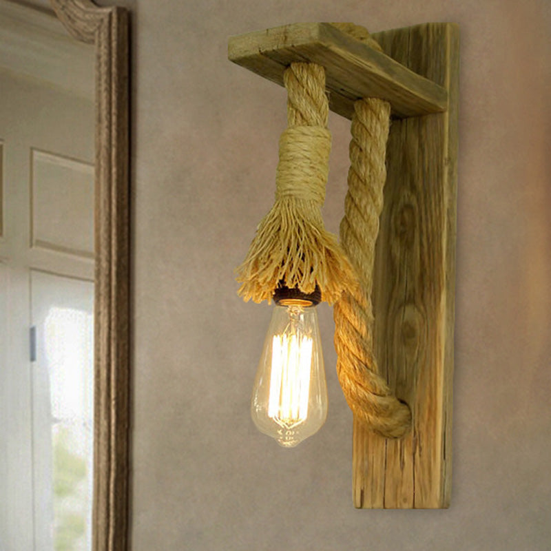 Single Bulb Wall Light Rustic Open Bulb Rope Wall Light with Wood Holder
