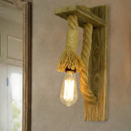 Single Bulb Wall Light Rustic Open Bulb Rope Wall Light with Wood Holder