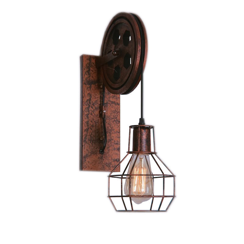 Spherical Wire Cage Foyer Wall Lamp Rustic Iron 1-Light Bedroom Wall Mount Lamp with Pulley