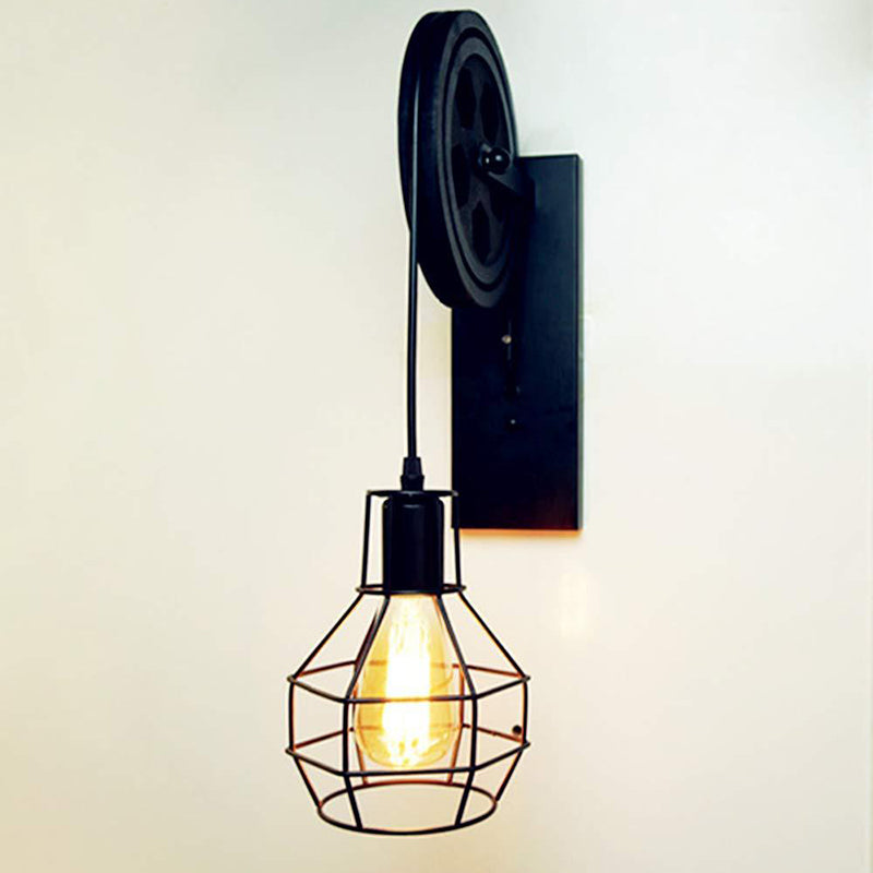 Spherical Wire Cage Foyer Wall Lamp Rustic Iron 1-Light Bedroom Wall Mount Lamp with Pulley