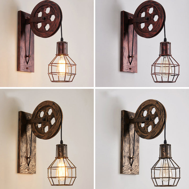 Spherical Wire Cage Foyer Wall Lamp Rustic Iron 1-Light Bedroom Wall Mount Lamp with Pulley