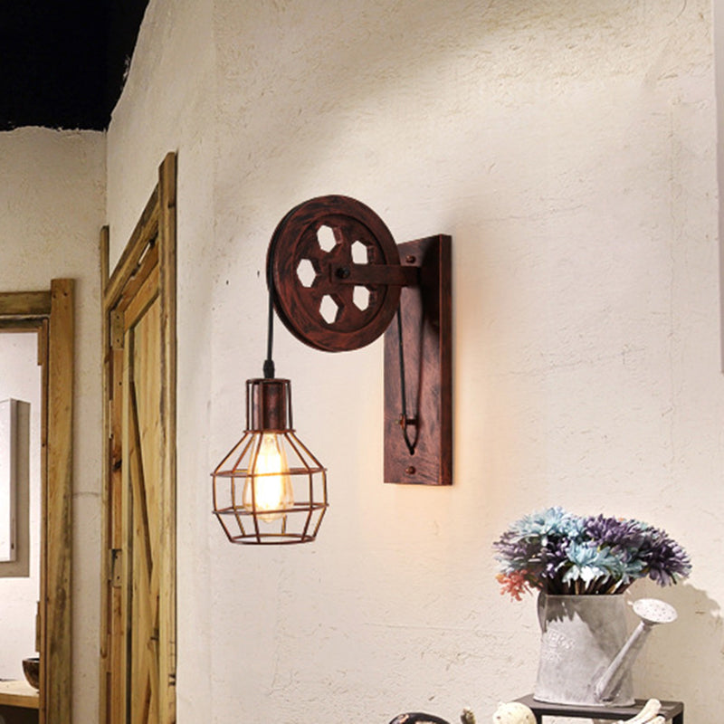 Spherical Wire Cage Foyer Wall Lamp Rustic Iron 1-Light Bedroom Wall Mount Lamp with Pulley