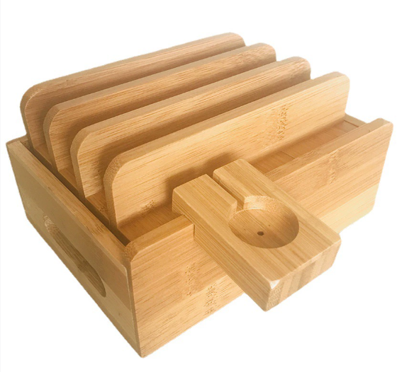 Tekavo ChargeDock Charging Station made of Bamboo | 5-Port USB & Organizer | For Smartphone, Tablet & Smartwatch | Incl. Cable Set