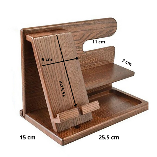 Charging station and desk organizer made of wood for phones and accessories