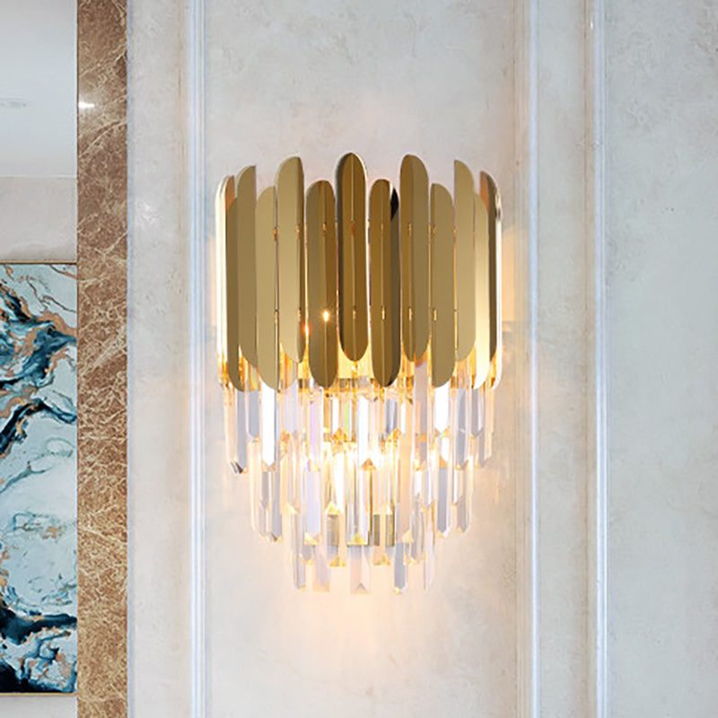 Stacked Wall Light Modernist Metal 1 Light Brass Wall Lamp with Clear Crystal Block for Nightstand