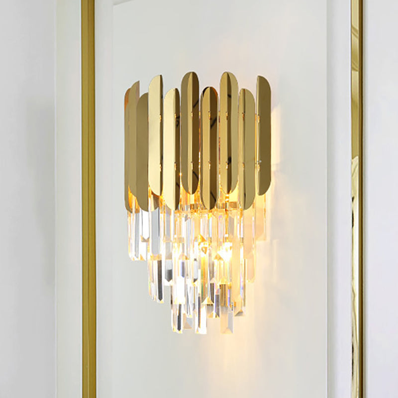 Stacked Wall Light Modernist Metal 1 Light Brass Wall Lamp with Clear Crystal Block for Nightstand