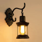 Lantern Clear Glass Wall Mounted Lamp Vintage Single Bulb Outdoor Wall Light in Black with Carved Pattern