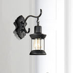 Lantern Clear Glass Wall Mounted Lamp Vintage Single Bulb Outdoor Wall Light in Black with Carved Pattern