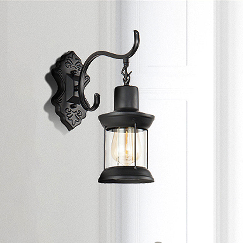 Lantern Clear Glass Wall Mounted Lamp Vintage Single Bulb Outdoor Wall Light in Black with Carved Pattern