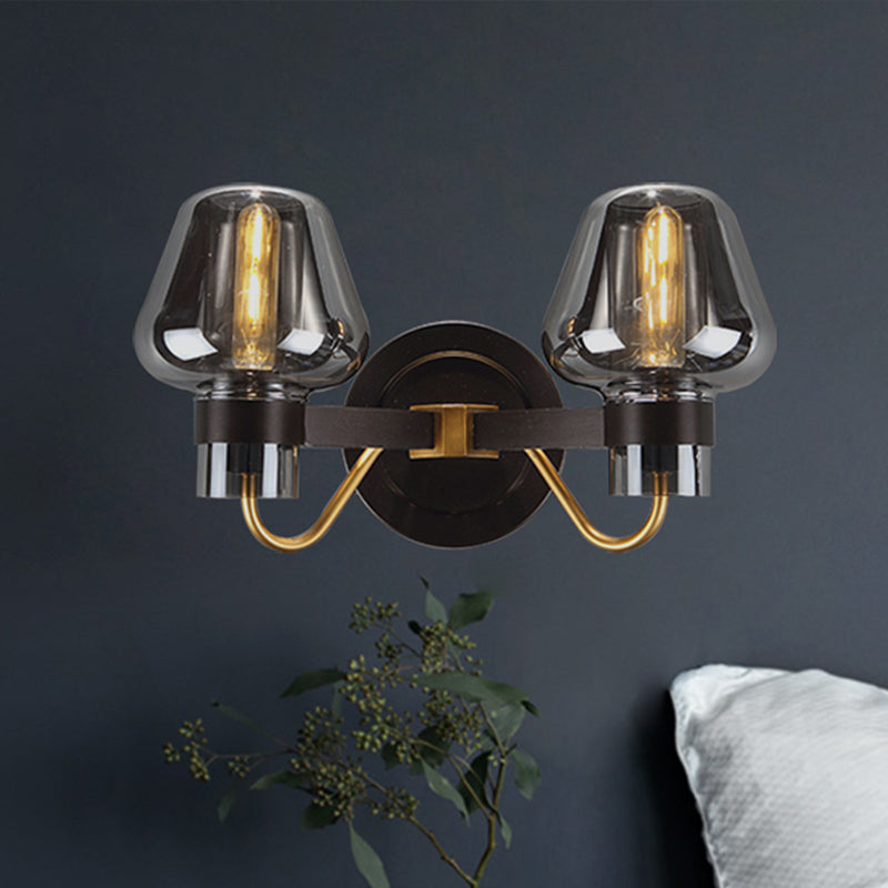 2-Light Wall Lighting with Mushroom Shade Smoke Glass Modern Bedroom Wall Lamp Lighting Fixture
