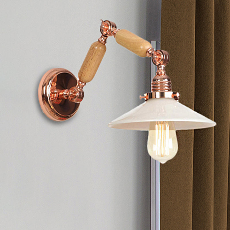 White glass conical wall lamp industrial 1 light living room lighting fixture with retractable arm
