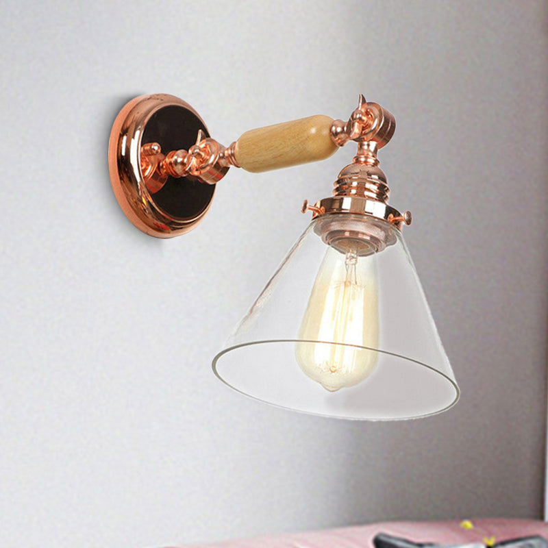 Industrial Cone Wall Lamp 1 Bulb Clear Glass Wall Light in Rose Gold