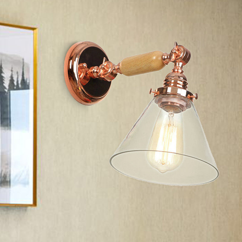 Industrial Cone Wall Lamp 1 Bulb Clear Glass Wall Light in Rose Gold