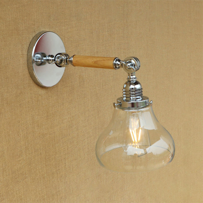 Wood One Light Wall Lamp Vintage Clear Glass Pear Lighting Fixture for Living Room, 8"/4"/6" L Wooden Arm