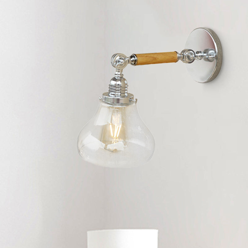 Wood One Light Wall Lamp Vintage Clear Glass Pear Lighting Fixture for Living Room, 8"/4"/6" L Wooden Arm