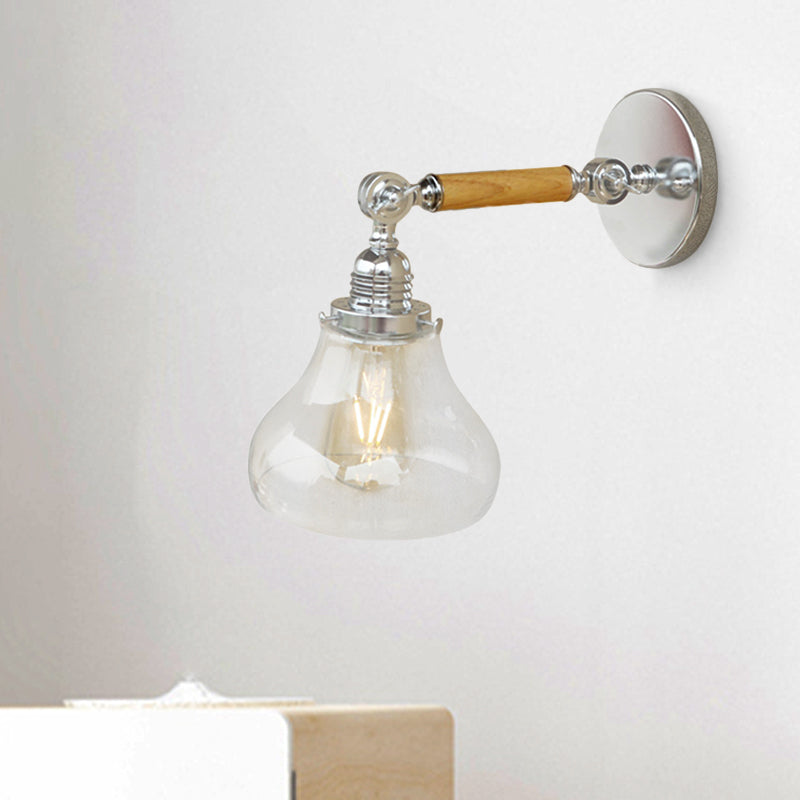 Wood One Light Wall Lamp Vintage Clear Glass Pear Lighting Fixture for Living Room, 8"/4"/6" L Wooden Arm