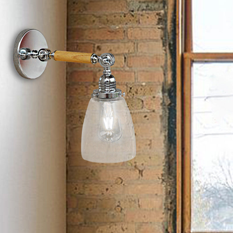 Single-layer wall lamp with dome shade clear glass industrial living room light, 8"/4"/6" L wood arm