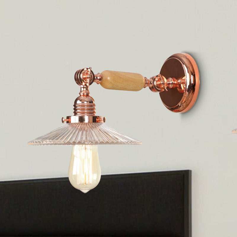Ribbed Glass Pink Gold Wall Lamp Saucer 1-Light Industrial Wall Lamp Mounting for Living Room