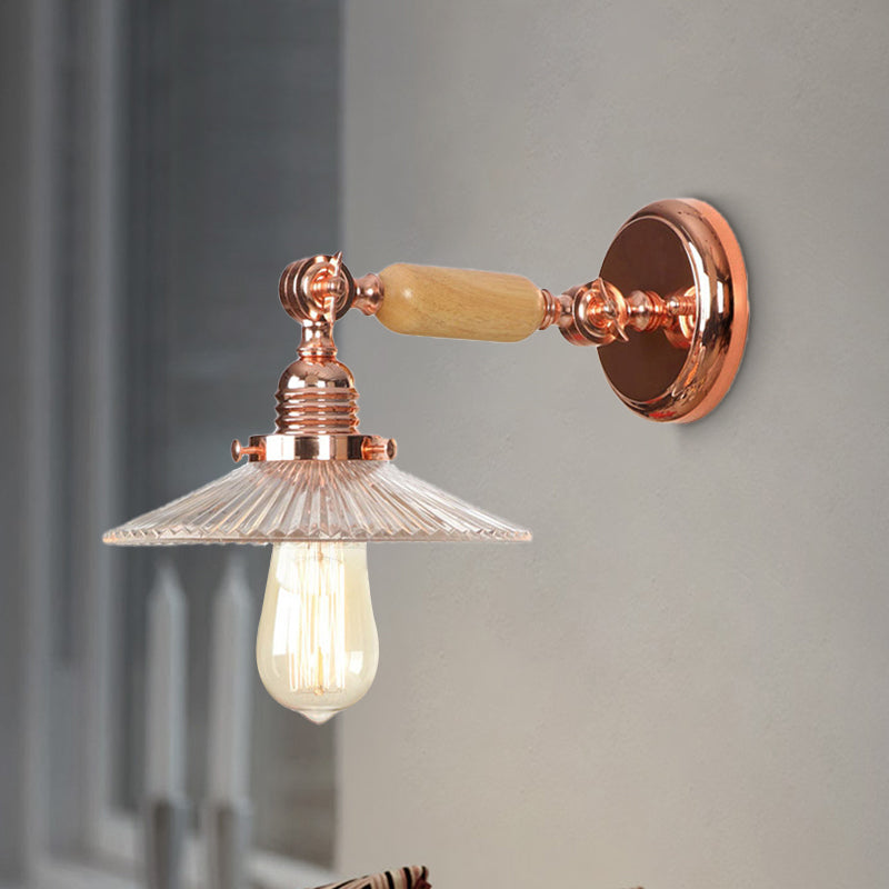 Ribbed Glass Pink Gold Wall Lamp Saucer 1-Light Industrial Wall Lamp Mounting for Living Room