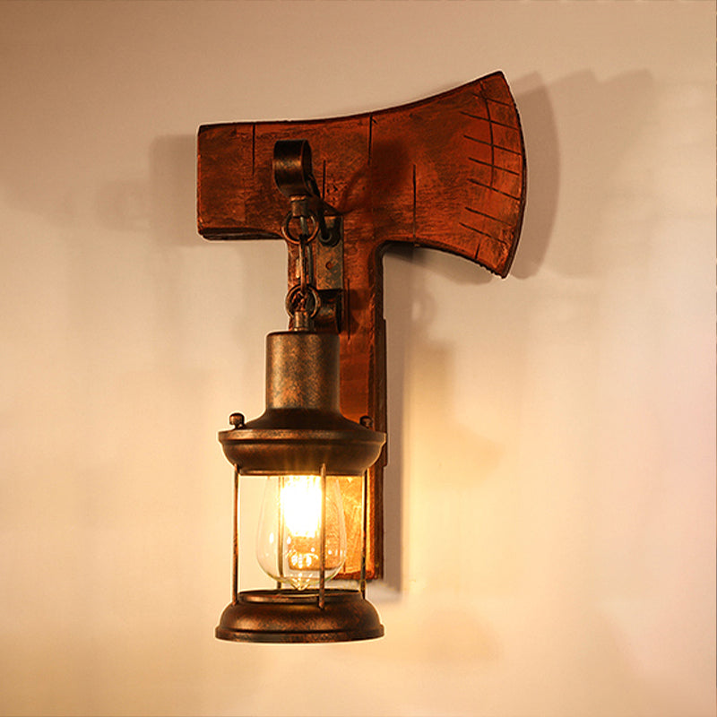 Rust One-Light Wall Light Coastal Clear Glass Lantern Lighting Fixture with Wood Back Plate