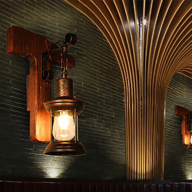 Rust One-Light Wall Light Coastal Clear Glass Lantern Lighting Fixture with Wood Back Plate