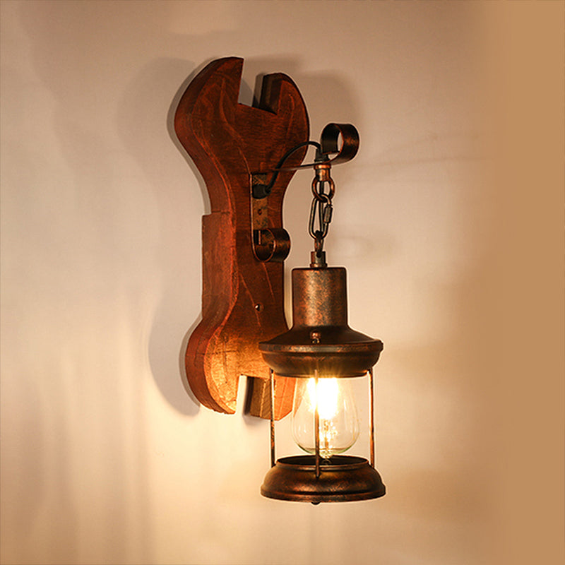 Rust One-Light Wall Light Coastal Clear Glass Lantern Lighting Fixture with Wood Back Plate