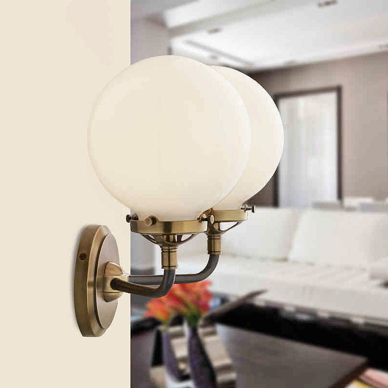 Modern Globe Shade Wall Lamp Fixture 1/2-Bulb Opal Glass Sconce Light in Antique Brass/Chrome