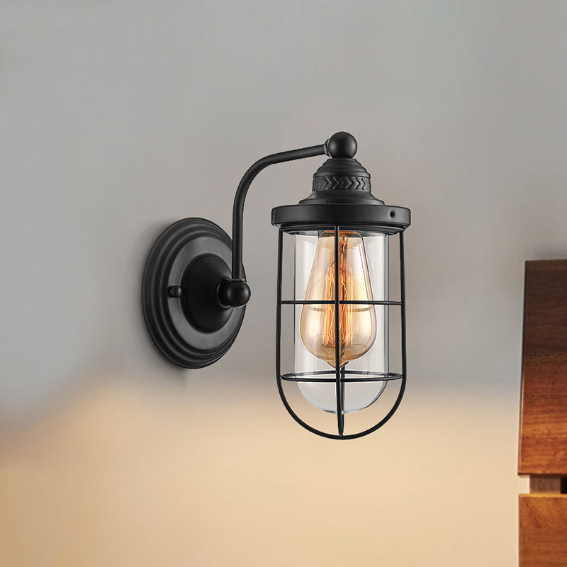 Industrial wire cage wall lighting 1/2-lamp clear glass wall lamp in black for stairs.