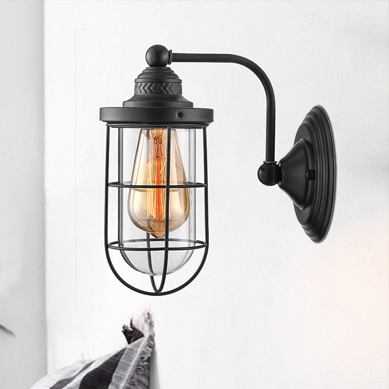 Industrial wire cage wall lighting 1/2-lamp clear glass wall lamp in black for stairs.