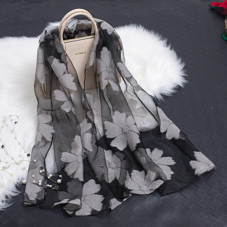 Silk scarf with cut flowers hollow motif