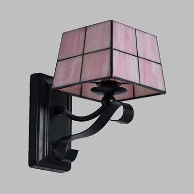 Pink/Blue/Beige Square Wall Lamp Tiffany Style Colored Glass 1 Light Wall Mount Fixture for Bedroom