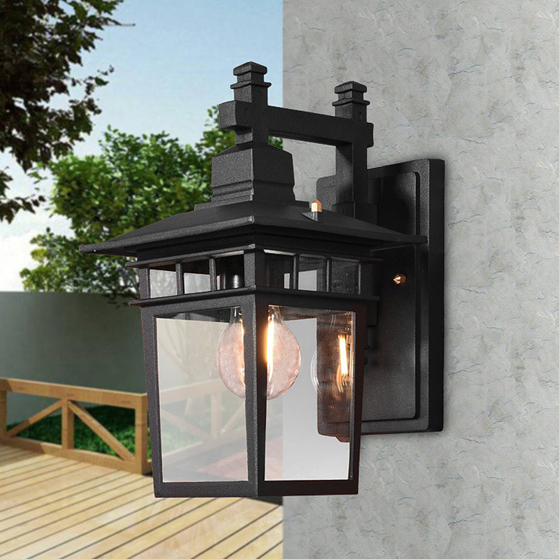 Lantern Clear Glass Wall Hanging Lamp Industrial Single Bulb Veranda Wall Light in Black