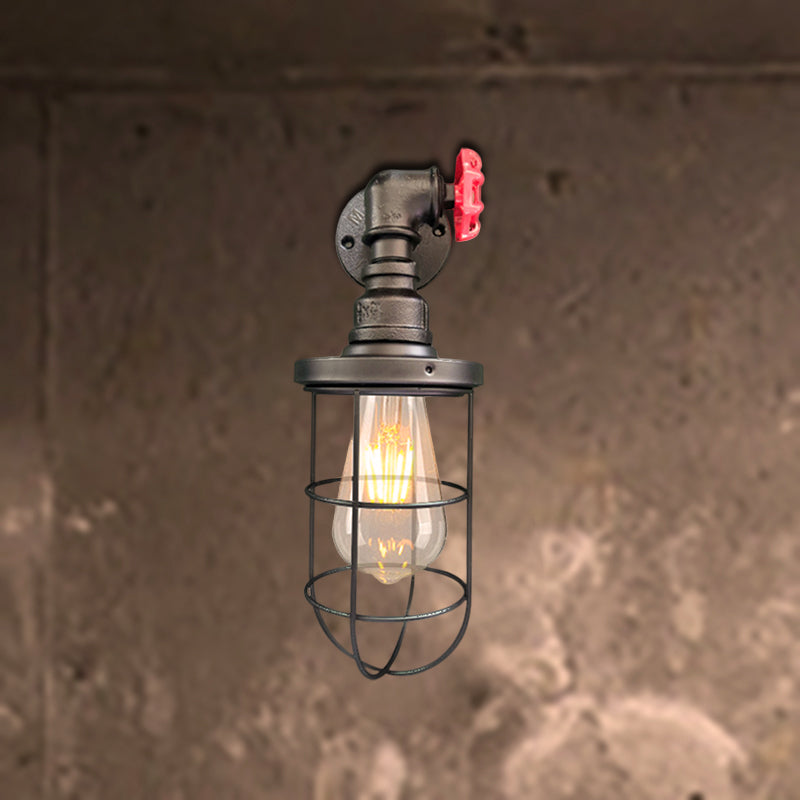 Wire frame corridor wall lamp iron 1 head farmhouse wall lighting with red shade design in antique bronze/black