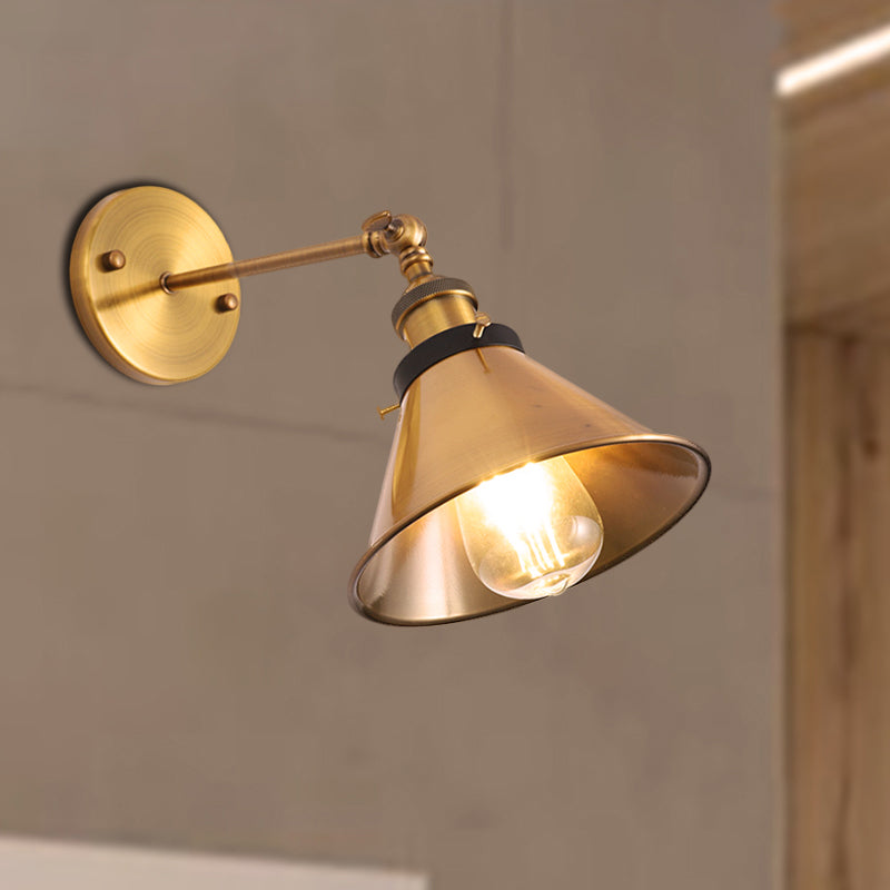 Rotatable Barn/Cone Shade Wall Lamp Industrial Style Metal 1 Head Wall Lighting Fixture in Brass for Kitchen
