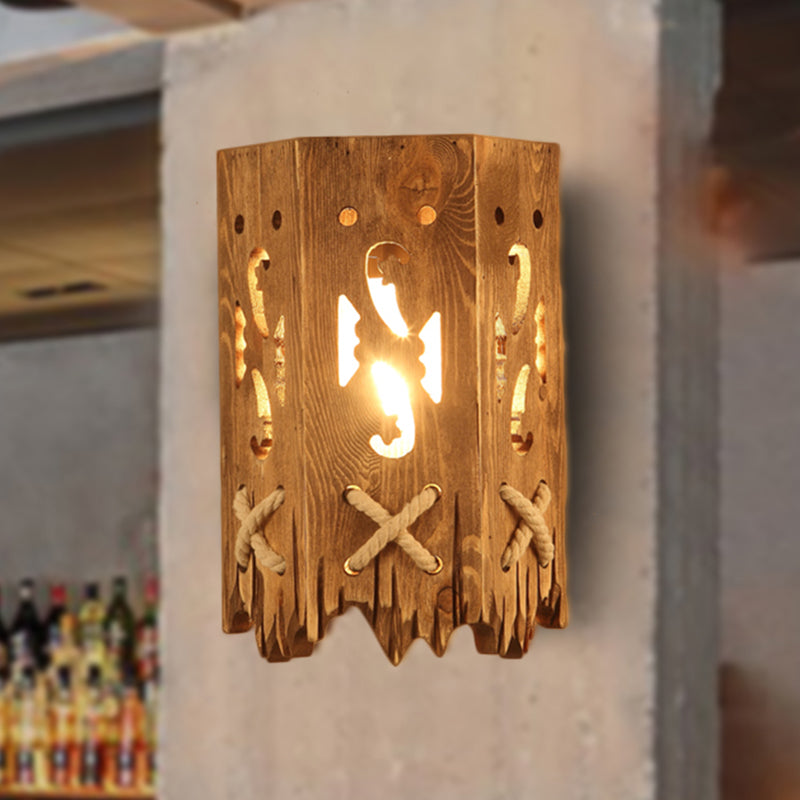 Wood Cylinder Shade Wall Lamp Country Style 1 Head Brown Wall Light for Restaurant