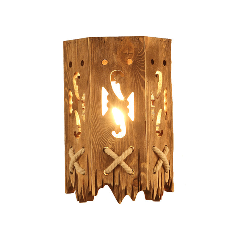 Wood Cylinder Shade Wall Lamp Country Style 1 Head Brown Wall Light for Restaurant