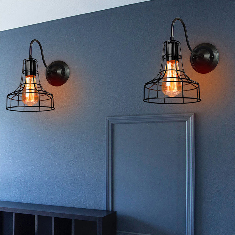 Metal Shed Wall Lamp Industrial Style 1 Lamp Black Wall Mounted Lamp with Wire Frame and Gooseneck Arm