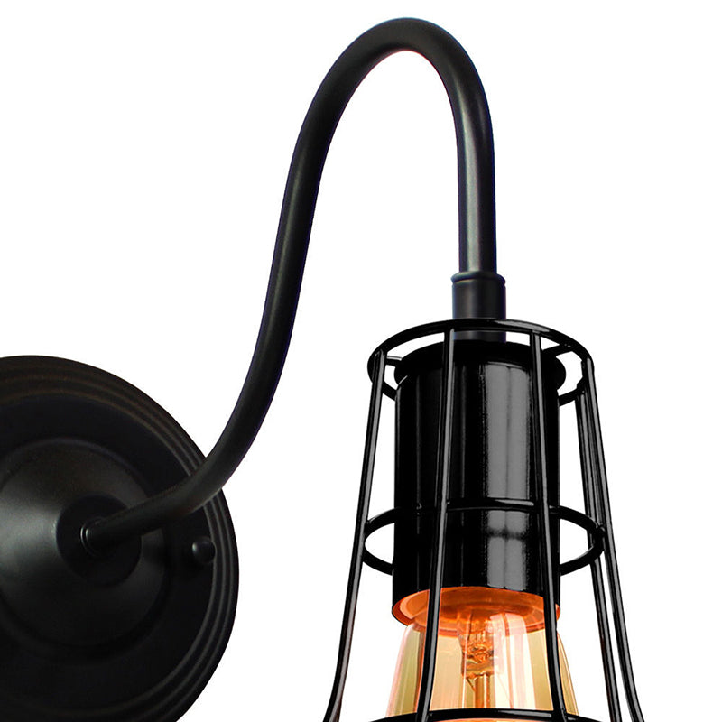 Metal Shed Wall Lamp Industrial Style 1 Lamp Black Wall Mounted Lamp with Wire Frame and Gooseneck Arm