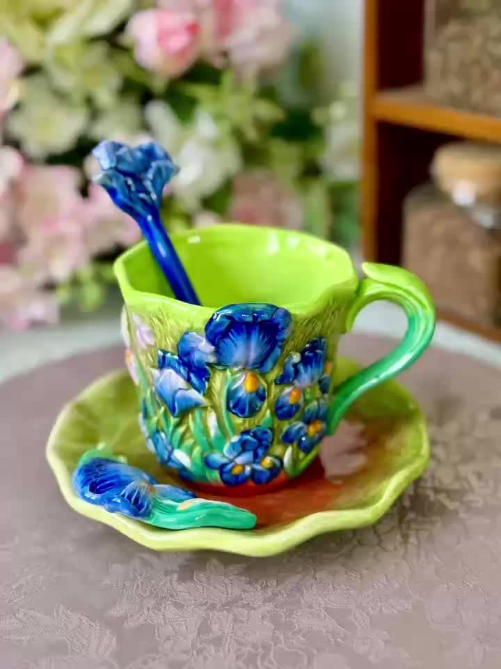 ArtSip Ceramic Cup & Saucer Set – Hand-painted 3D Design inspired by Van Gogh